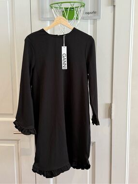 Ganni Black Ruffle-Hem Mini Dress